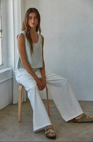 By Together Knit Cotton French Terry Side Pockets Wide Leg Pants