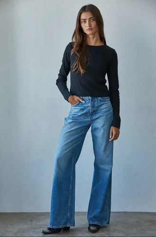 By Together Knit Cotton Round Neck Long Sleeve Crop Top