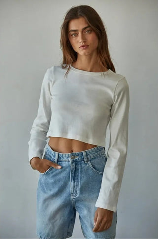 By Together Knit Cotton Round Neck Long Sleeve Crop Top