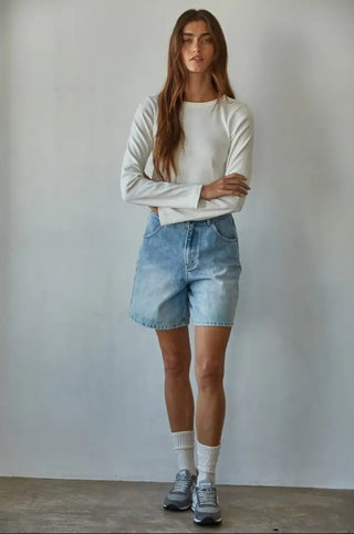 By Together Knit Cotton Round Neck Long Sleeve Crop Top