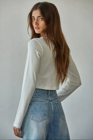 By Together Knit Cotton Round Neck Long Sleeve Crop Top